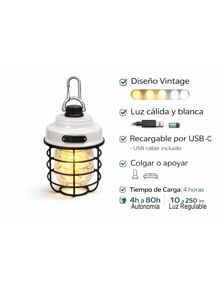 Lámpara Camping LED Recargable USB Vintage | Farol Portátil Exterior y Emergencias